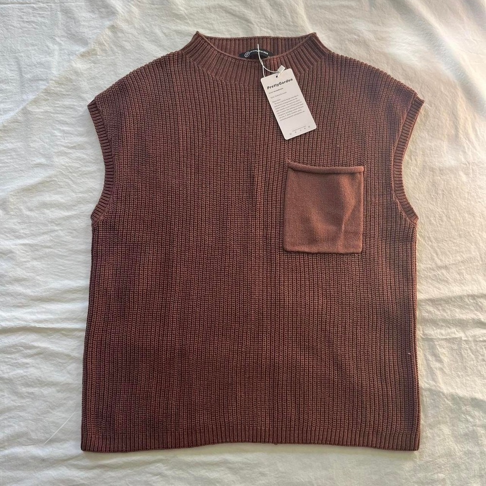 Ribbed Knit Chocolate Brown Sweater Vest Mock Neck Pocket 100% Cotton Small
